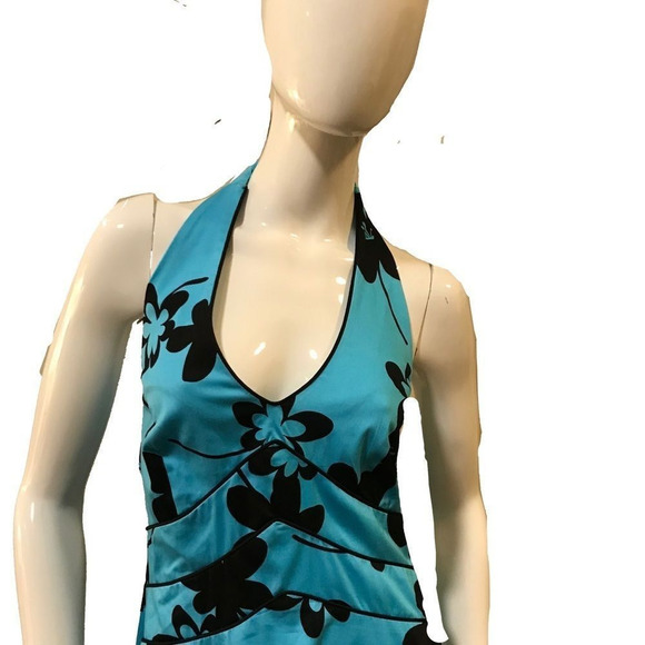 Vintage Y2K Bohemian Floral Halter Sundress Bright Turquoise Dress Size 10 NWT - Picture 12 of 16